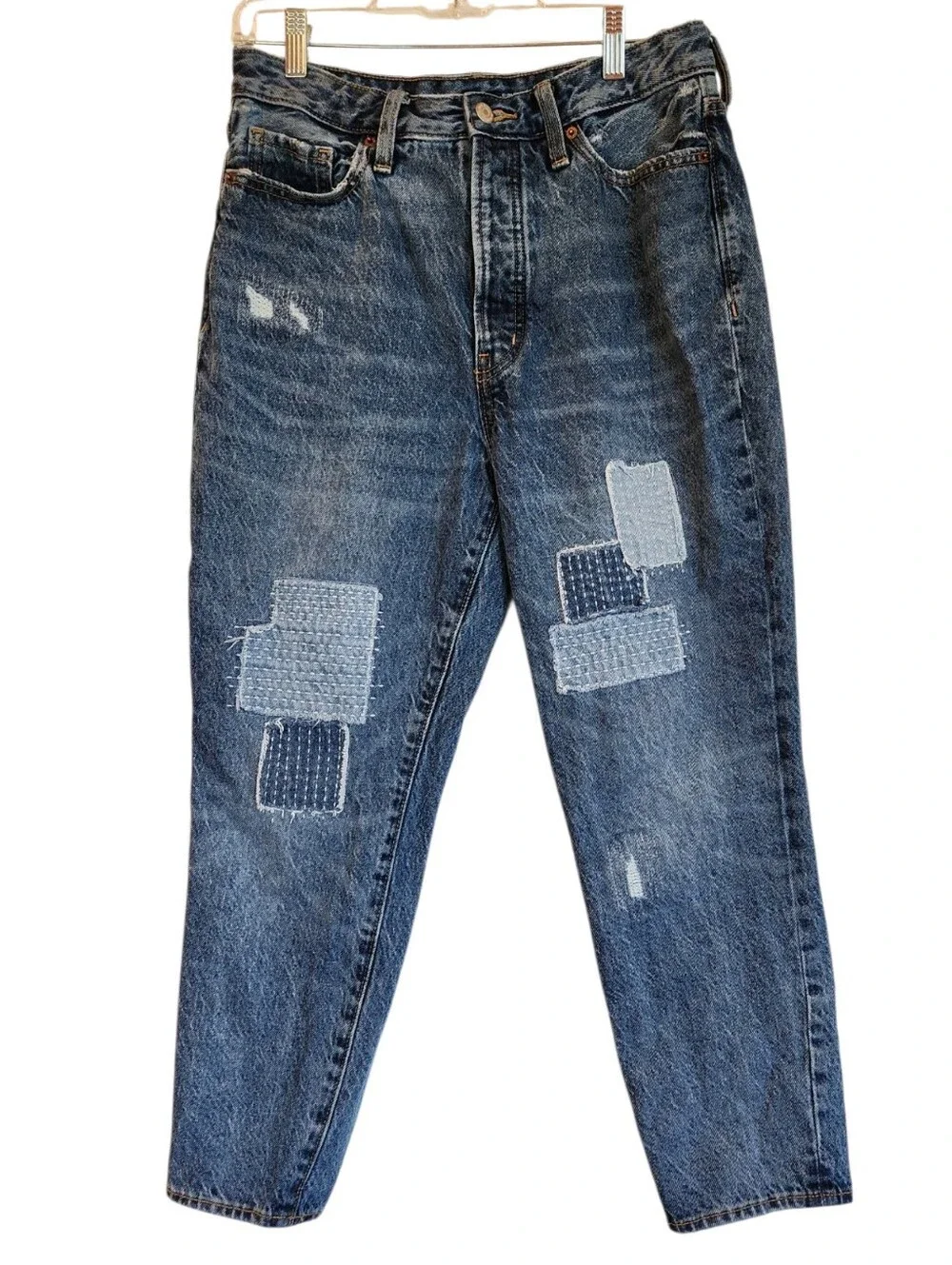 Old Navy Extra High Waisted Button Fly OG Straight Patchwork Jeans Size 10 Taper - Picture 2 of 15